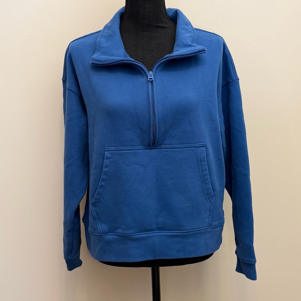 Lands' End Women's L Blue Pullover 1/2 Zip Kangaroo Pocket Drop Shoulder Boxy